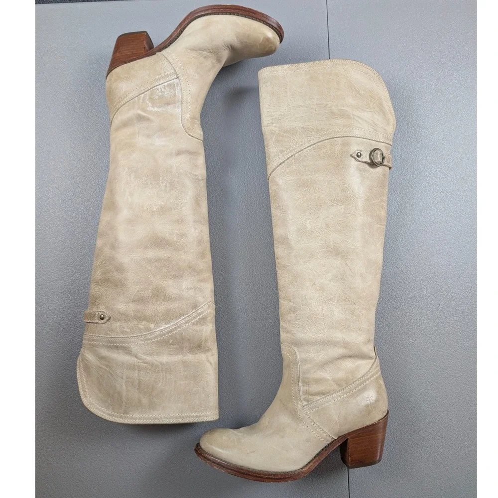 Frye Jane Tall Cuff Boots 6 Cream Taupe Leather OTK Riding Western Over the Knee